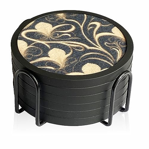 Absorbent Coasters for Drinks with Holder - 6packs, Silicone Coaster with Soft Felt Insert (4.3 inch Coasters with 4.5 inch Holder, Dual-Sided Flower -Themed Patterns)