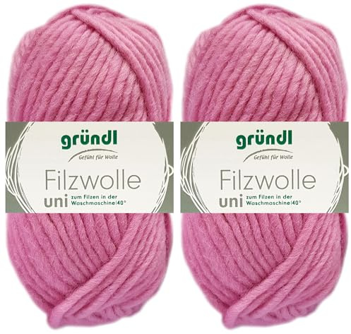 2x50 Gramm Gründl Filzwolle Uni aus 100% reiner Schurwolle inkl. Anleitung für Topflappen (18 Rosa)