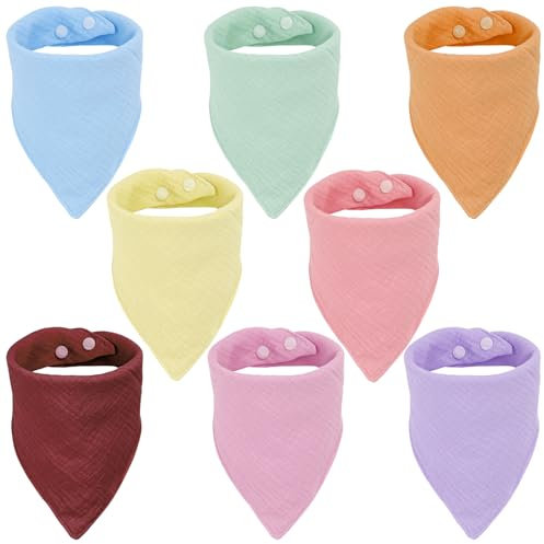 Friedwohl 8 Stück Baby Dreieckstuch Lätzchen aus Weichem & Saugfähigem Musselin, Verstellbare Druckknöpfe, Atmungsaktiv & Hautfreundlich, Unisex Sabberlätzchen für Mädchen/Jungen 0-24 Monate