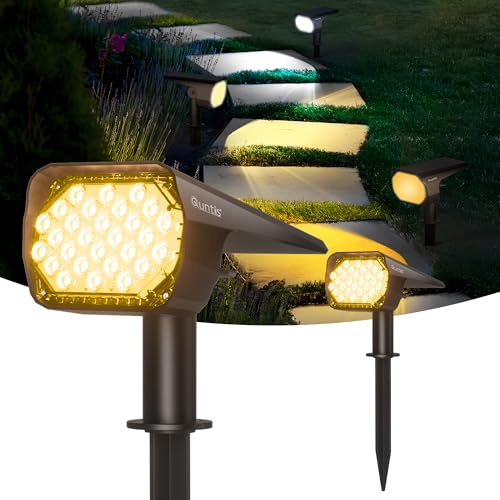 Quntis Foco de exterior solar 3-1 color 28 LED, luces solares exterior jardín IP65 impermeable, focos solares LED potentes con lentes, 2 unidades lámparas solares exteriores para tierra, patio