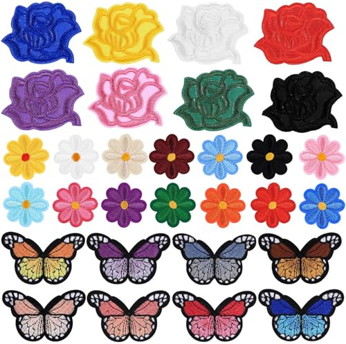 30 patch di alta qualità termoadesivi e da cucire – 8 farfalle, 14 margherite, 8 applicazioni di rose per abbigliamento fai-da-te, zaini, giacche, scarpe
