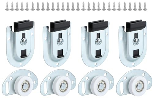 Sliding Closet Door Hardware Kit – 4 Pack Bottom Rollers & 4 Pack Top Brackets, Ball Bearing Wheels, Smooth Glide for Closet & Wardrobe Doors, Easy Installation.