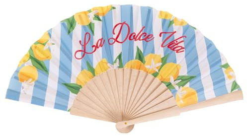 Éventail Pop, La Douce Vie Bleue, Design Côtière avec Citrons, Rayures Blanches et Bleus, Queues en Bois - VAR 55-17