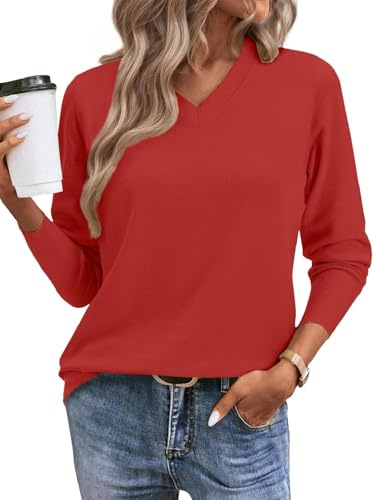 Yutdeng Suéter Mujer Manga Larga Jersey de Punto Cuello Pico Elegante Jersey Basico Sueter Invierno Otoño Sweater Fino Lana Jerséis para Mujer Jersei Suave Casual Pullover Camiseta,Rojo,L