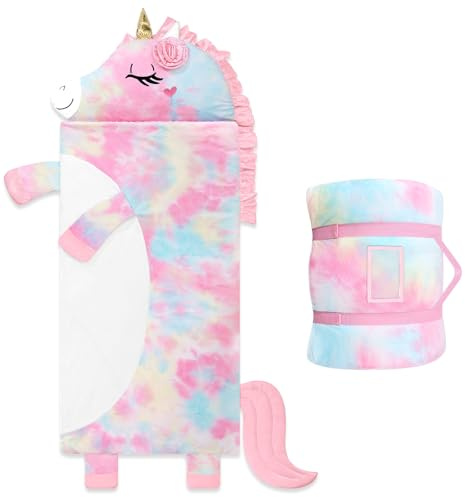 Sacco a Pelo Bambini Sfoderabile con Cuscino, Nap Mat Caldo in Peluche a Forma di Unicorno, Sacco Nanna Grande Pieghevole per Interno Esterno Campeggio, 170x70cm, Rosa