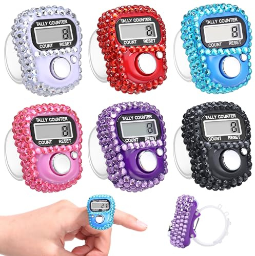 Simgoing 6 Pcs Electronic Finger Counter Rhinestones Hand Tally Clicker Tasbeeh Counter Bulk Resettable for Golf Gifts Mom Dad Counting Goods Lap Knitting Bling Accessories (Classic Colors)