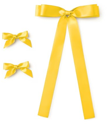 Satin Hair Bow Clips Set of 3, 2 Mini Ribbon Bows and 1 Thick Ribbon Bow with Tails (Yellow)