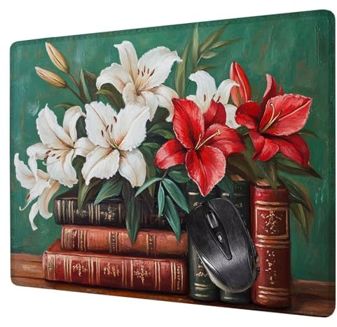 Spelmusmatta röd musmatta lilja musmatta 240 x 200 x 3 mm, halkfri yta, förbättrar noggrannhet och hastighet, med sydda kanter bärbar musmatta datortillbehör H0-601