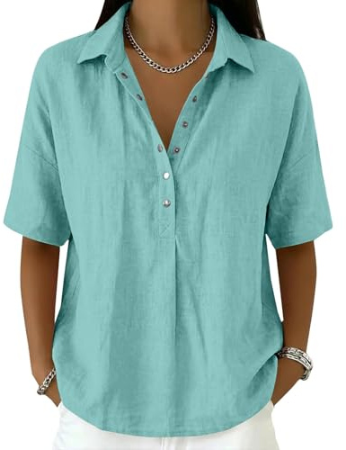 Donna Manica 3/4 Lino T Shirt V Button Down Tinta Unita Polo Camicia Elegante Blusa Top Lavoro Casual Basic Tunica Estiva Spiaggia vacanze Oversize T Shirt 2026 Comoda e Traspirante Classico Maglietta