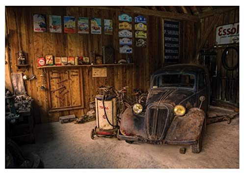 Forwall Papier peint photo non tissé Motif voiture rétro Route 66 Vieux atelier 312 x 219 cm Papier peint photo pour salon chambre à coucher Avec colle