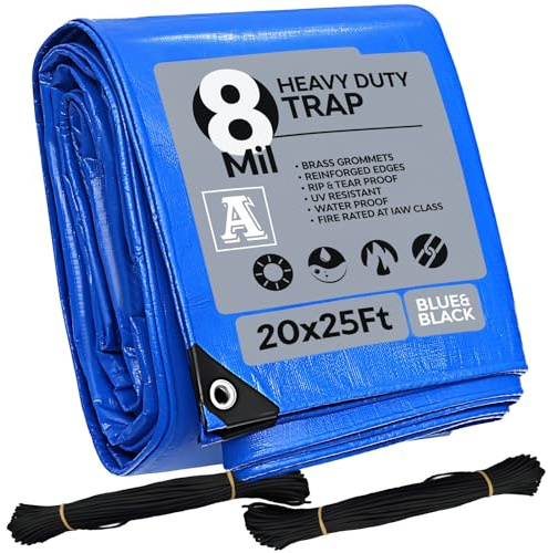 20'x25' Heavy Duty Waterproof Tarp - Multi-Purpose Blue Tarpaulin with 4 Grommets, Reinforced Edges and Nylon Paracord for Outdoor Rain Shelter, Ground Cover, Boat, RV, Car, Roof or Pool Cover