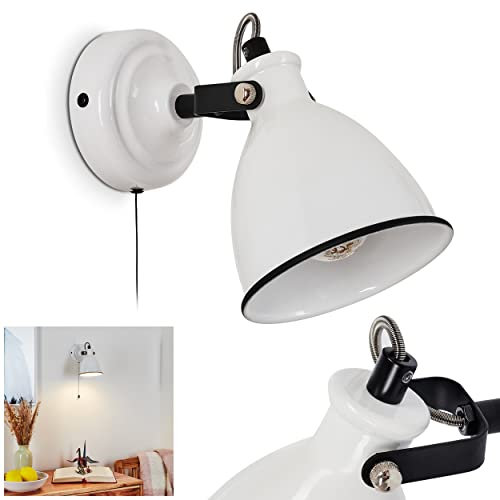 Wandleuchte Selki, Wandlampe im Vintage-Design aus Metall in Weiß (glänzend)/Schwarz, Retro-Leuchte mit verstellbarem Strahler und Zugschalter, 1-flammig, 1 x E14-Fassung, ohne Leuchtmittel