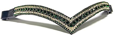 Equipride Stirnriemen für Zaumzeug mit Strasssteinen, V-Form, 5 Reihen, kristallgrün/transparent (Pony (35,6 cm), braunes Leder)