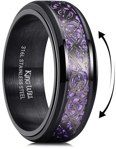 King Will 316L Stainless Steel Spinner Fidget Ring for Mens- 8mm Fidget Stress Relieving Anxiety Ring with Black Celtic Dragon Purple Carbon Fiber Inlay, Comfor Fit Wedding Band Ring Size 10