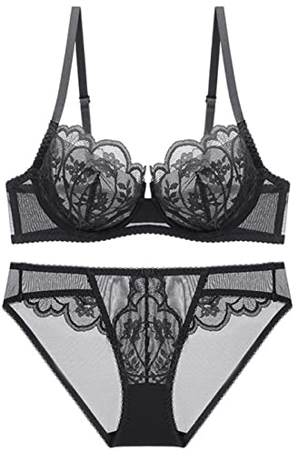 WEITING Ensemble de soutien-gorge en dentelle ultra fine 2023 - Lingerie sexy en maille transparente - Sous-vêtements pour femme - Grande taille - A B C D E - Bonnet 95C 95D - Noir - 80D