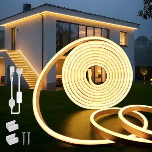SUCIKORIO Neon LED Remsa 5M 230V Vattentät Eldsäker IP65 LED-remsa Varmvit 3000K LED Ljusslinga Utomhus 120LEDs/M Flexibel DIY-ljusslinga För Utomhusbruk Med Nätadapter För Hemmet, Festen, Köket