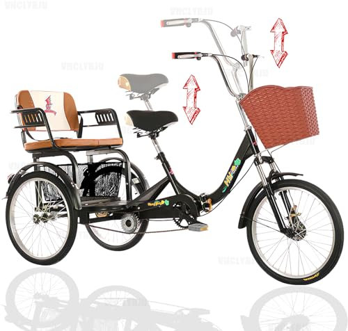 VHCLYBJU Dreirad für Erwachsene faltbar mit Kindersitz 3-Rad-Fahrrad für Damen Dreirad mit Korb mit Rücksitz 20 Zoll Fahrräder maximale Belastung von 440 lbs stoßdämpfende Gabel（black8）