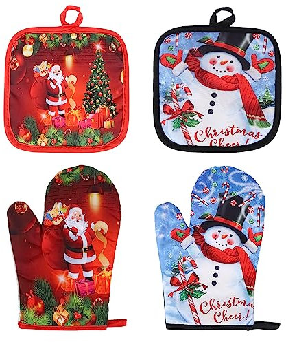 Lot de 4 gants de cuisine et maniques de Noël résistants à la chaleur pour cuisine, barbecue, barbecue