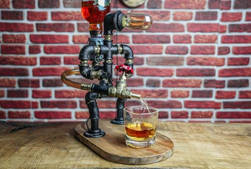 Steampunk Style Liquor Dispenser with Glasses and Bottle Opener, Home Bar Decor Gift (Yes, Personalised Base)