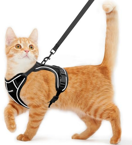 Cat Harness and Leash for Walking Escape Proof Soft Adjustable Cat Leash Breathable Comfortable Vest Easy to Wear Kitten Harness for Outdoor Travel (Black, S (7-12lb))