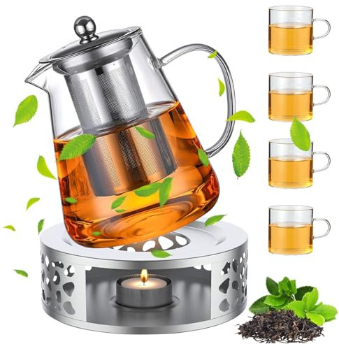 MIUUIPI Teekanne mit Stövchen Set, 1300ml Teekanne aus Glas mit Edelstahl Siebeinsatz und 4 Teetassen aus Glas, Hitzebeständig Kaffeekannen Borosilikatglas Teebereiter für Losen Tee Früchtetee