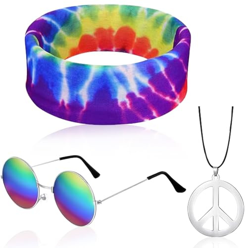 YUNHENTONG Hippie Kostüm Set,3 Stück Hippie Kostüm Set,Sonnenbrille,Peace Halskette Anhänger,Stirnband,Hippie Kostüm Damen Herren,Faschingkostüme 70er 80er Jahre Mottoparty Karneval Halloween
