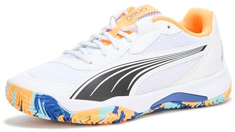 Puma Men's NOVA Court Pickleball Shoe, Puma White-Puma Black-Vivid Blue-Heat Fire, 7