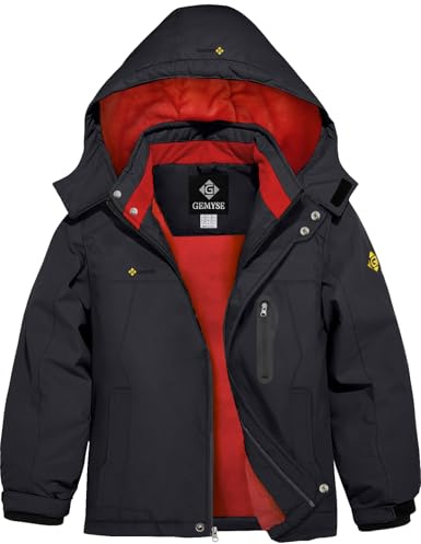 GEMYSE Jungen Skijacke Wasserdichte Winddichte Winterjacke Mit Warmer Fütterung Kinder Schneejacke mit Kapuze für Outdoor(Schwarz mit Rotem Futter,116-122)