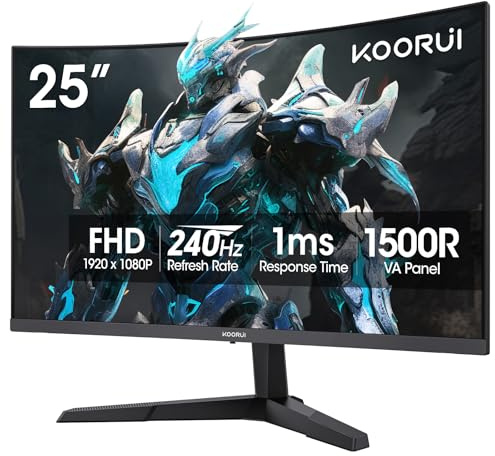 KOORUI 25 Inch Curved Gaming Monitor 240Hz FHD 1080P Computer Monitor, 1500R 1ms MPRT Display, Adaptive Sync, 90% DCI-P3,HDR, Eye Care, Tilt Adjustable, VESA 75x75mm, Black,G2511XC
