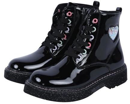 A2Z 4 Kids Girls Black Patent Glitter Heart Ankle Boots Side Zip UK Size 11-4