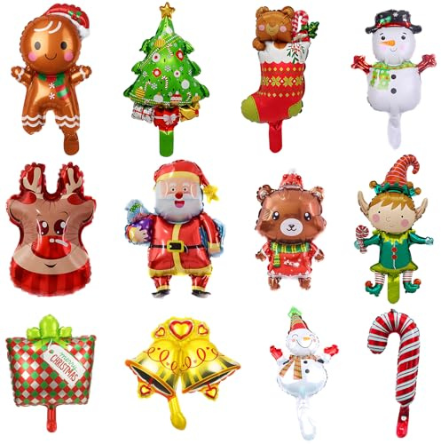 12Pcs Inflatable Christmas Decorations, Mini Christmas Balloons Set with Santa and Tree Designs, Foil Balloons for Helium, Ideal for Kids Parties, Home and Office Decor