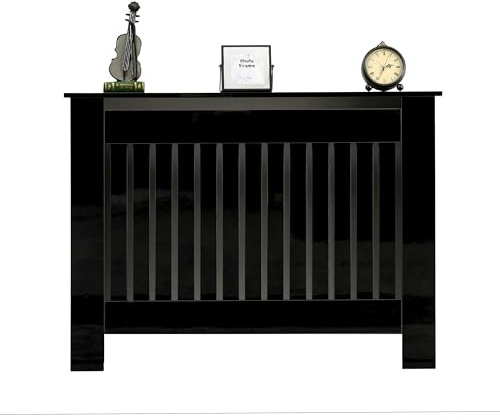 FUSIDE High Gloss Black Radiator Cover Cabinet, Modern Chipboard Heating Cover with Display Top,Vertical Slat Design for Living Room Bedroom Hallway (XL(L172 x W19 x H85 cm))