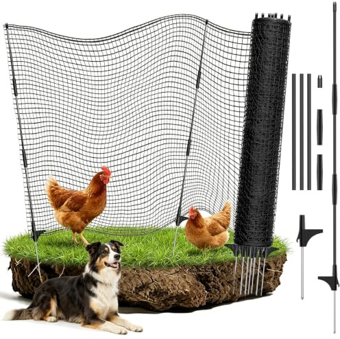 Kycklingstaket, mobilt stängsel, RIFNY 120 cm x 15 m hundstaket, camping | Stack trädgårdsstaket med stolpar, nätnät för hundar, kycklingar och små djur