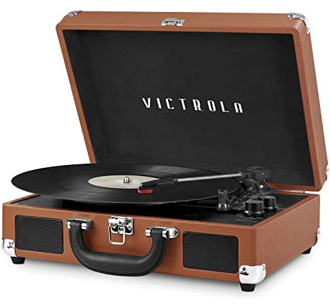 Victrola Journey Bluetooth Portable Suitcase Record Player – with Built-in Speakers, 3 Speed Vinyl Record Player, RCA Out, Headphone Jack (Cognac)