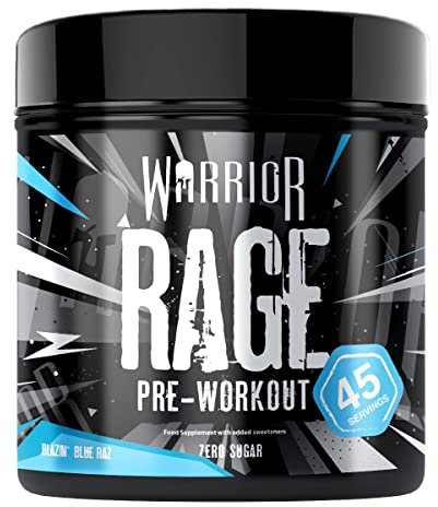 Warrior Rage Pre-Workout Powder, 300 mg Caffeine High Stim Energy Booster with Beta-Alanine, Creatine, BCAAs, Citrulline & AAKG for Focus, Strength & Muscle Pump - Blazin' Blue Raz