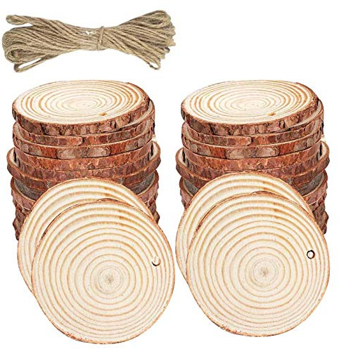 Zngou 20 PCS Natural Wood Slices 6-7CM Round Wooden Discs Wood Log Slices Drilled Hole Unfinished Wooden Circles with 5 M Natural Jute Twine for DIY Crafts Wedding Decorations Christmas Ornaments