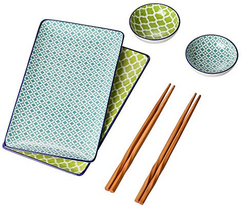 vancasso Macaron Set Piatti Sushi in Ceramica 6 pezzi Stile Giapponese Dinpinto a Mano Azzurro Verde Set da Sushi per 2 persone Con 2 Piattini per Salse 2 Piatti da Sushi
