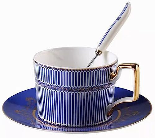 Eplze® Elegant Bone China Cup and Saucer Set, 8oz Coffee Cup for Afternoon Tea- Stripe Pattern (Blue)