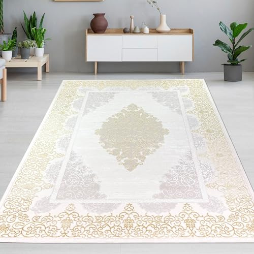 CARPETIA Teppich Wohnzimmer Schlafzimmer bezaubernd elegant edel glänzend Mäander Kurzflor Teppich Ornamente Creme Gold 160x230 cm