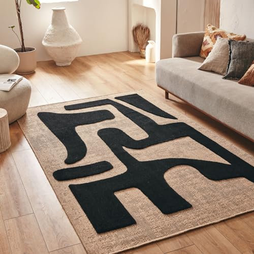 Nazar Palmateppich, Natur, Jute-Look, Naturteppich für Wohnzimmer, Schlafzimmer, Flur, Boho-Teppich, Naturfarbe (9491 schwarz, 160x230 cm)