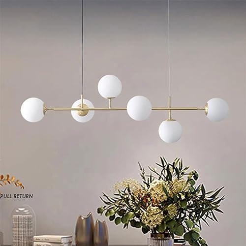 SANBDDLYY Lustre à bulles de verre moderne à 6 lumières, grappe de branches Spoutnik du milieu du siècle, suspension linéaire à longue bande, opale blanc lait for le salon