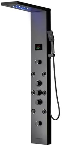 Bathfinesse Shower Panel Rainfall Waterfall Shower System with LED Light & LCD Temperature Display，5 IN 1 Modes Bathroom Massage Shower Tower System Wall Mount, Matte Black