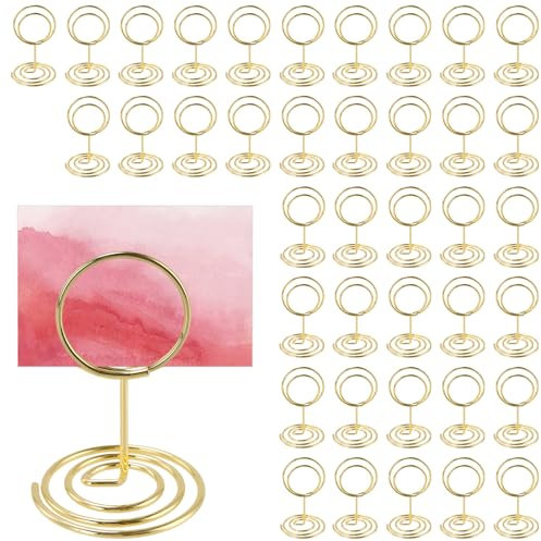 FAAING 40 Stück 50mm Tischkartenhalter Gold, Tischnummernhalter Draht Memohalter, Hochzeit Fotohalter mit Klammern, Metall Kartenhalter Gold Tischkarten Halterung für Partys Restaurants