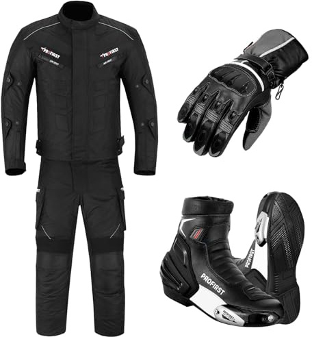 PROFIRST Men's Motorbike Suit with Motorcycle Boots & Gloves - 2-Piece Riding Suit with CE Approved Full Armors, Jacket, Trousers, Boots & Gloves All Season (Black, L)