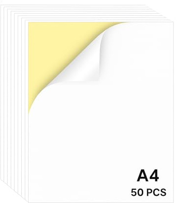 Wenrescry Papel Pegatina para Imprimir A4 – 50 Hojas Adhesivas para Imprimir, Papel Autoadhesivo, Compatible con Impresoras Láser e Inkjet, Ideal para DIY, Oficina y Manualidades