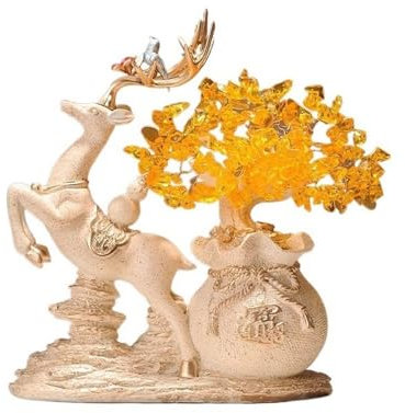GLigeT Feng Shui Money Tree Home Fortune Deer Ornament, Citrine Money Tree, Living Room Entryway Wine Cooler Decorations Crystal Bonsai Tree(Beige)