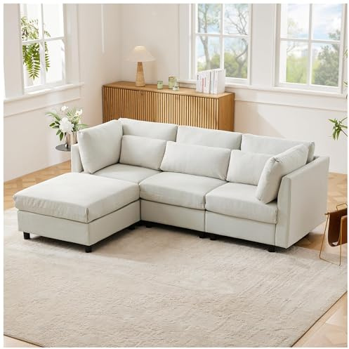 Wyibwy Sofás de esquina modernos, 220 x 83 x 81 cm, sofá de 4 plazas, sofá en forma de L, con tres soportes lumbares y reposapiés extraíble, sofá combinado, acolchado, beige