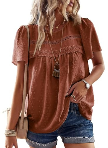 TUUHAW Femme Chemisier Boho Blouse Manches Courtes Col Rond Tunique Fluide | Dentelle T-Shirt, Décontracté Tops, Chemise Chic et Élégant, Été Fluide Hauts, Confortable T-Shirt, Vacances Formel Blouse