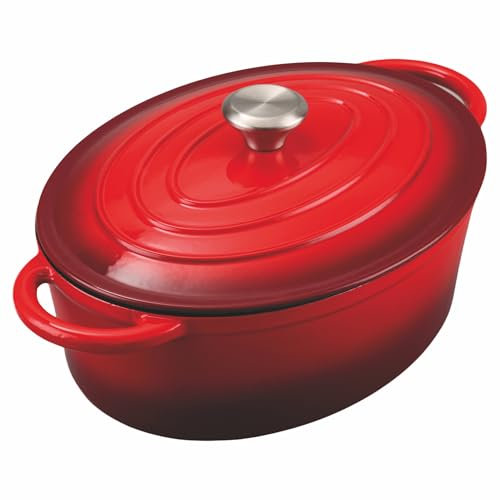 Galileo Casseruola ovale con coperchio 34x26 cm in ghisa smaltata, induzione, rosso, Les Cocottes SìChef