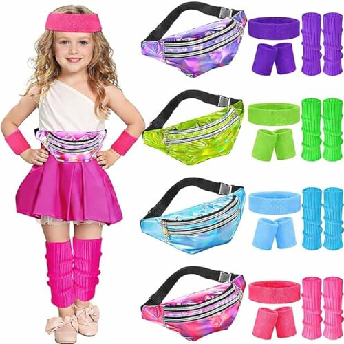 Set di 4 costumi per travestimenti anni '80, accessori per bambini, include cintura impermeabile, fascia per capelli, polsini, scaldamuscoli, per feste a tema cosplay, 4 colori